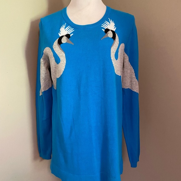 Crown & Ivy Blue Sweater with Crane Design - Picture 1 of 8